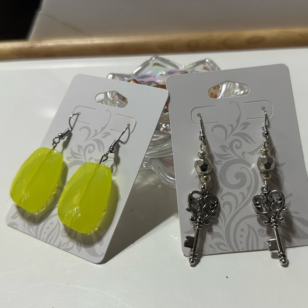 Silver and Yellow Key and Bead Earrings